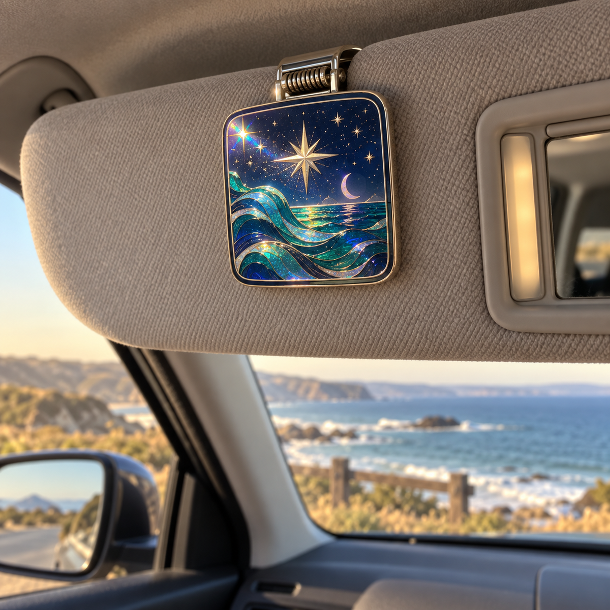 Tidal Star Gallery Holographic Car Visor Clip with printed optical 3D artwork in its use setting