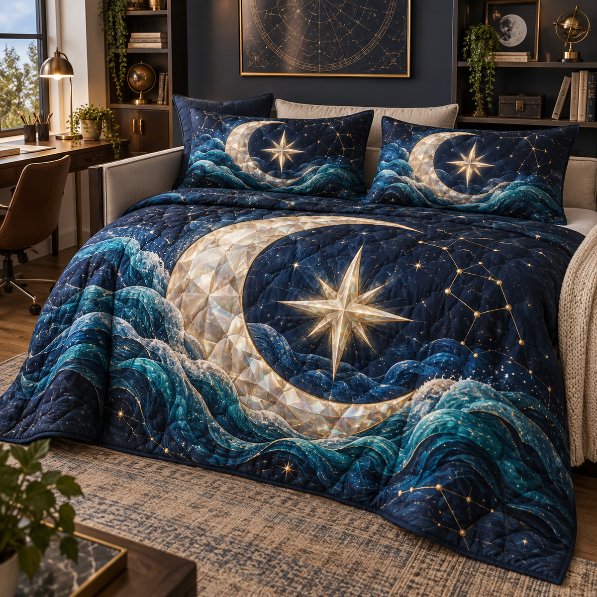 Starlit Tide Study Quilted Bedding Set with printed optical 3D artwork in its use setting