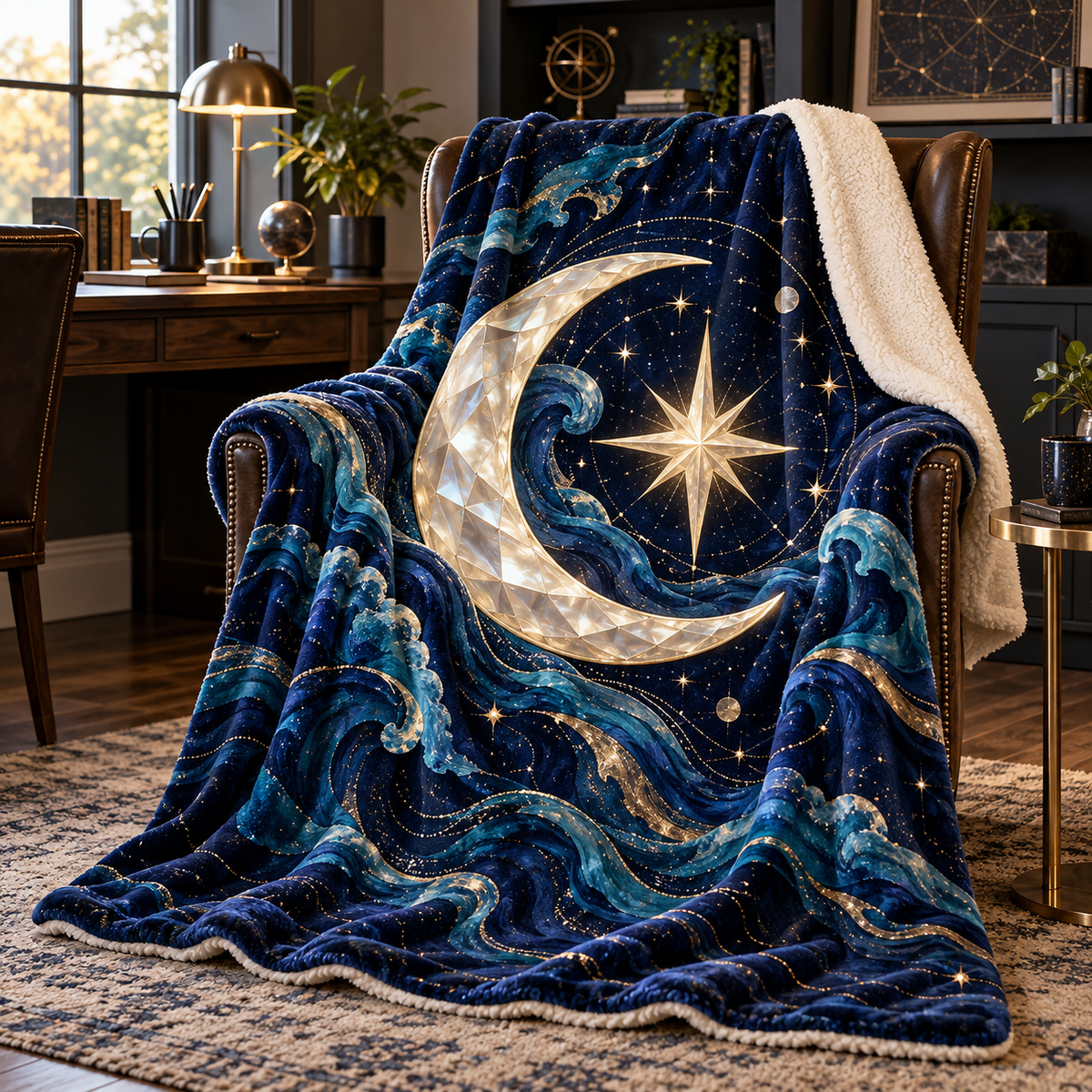 Starlit Tide Study Sherpa & Fleece Blanket with printed optical 3D artwork in its use setting