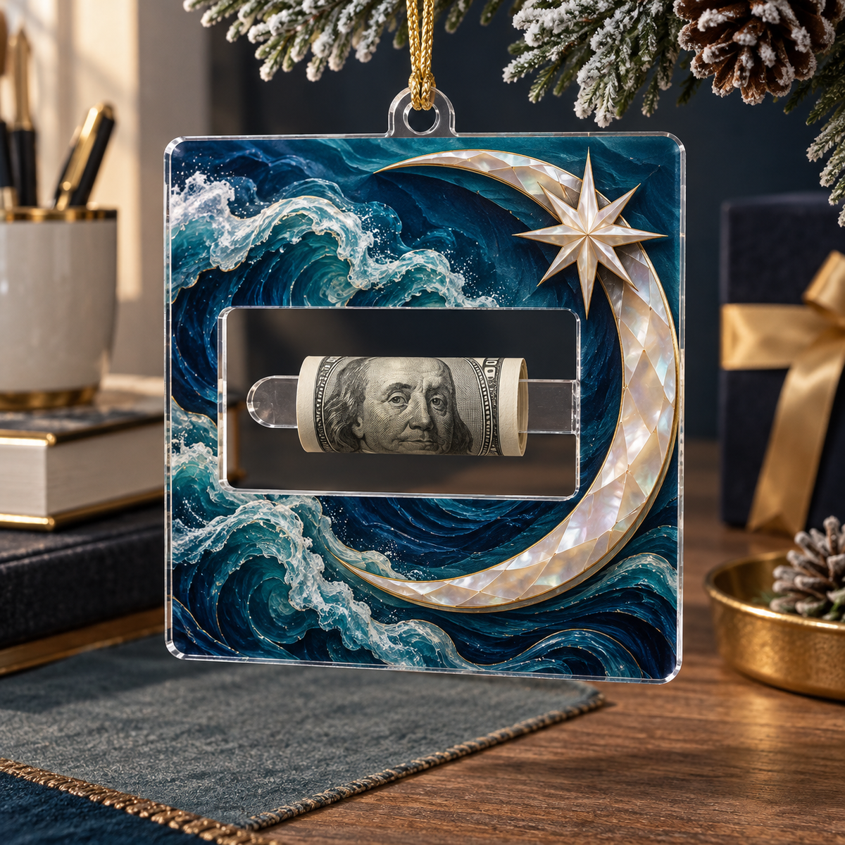 Starlit Tide Study Acrylic Cash Holder Ornament with printed optical 3D artwork in its use setting