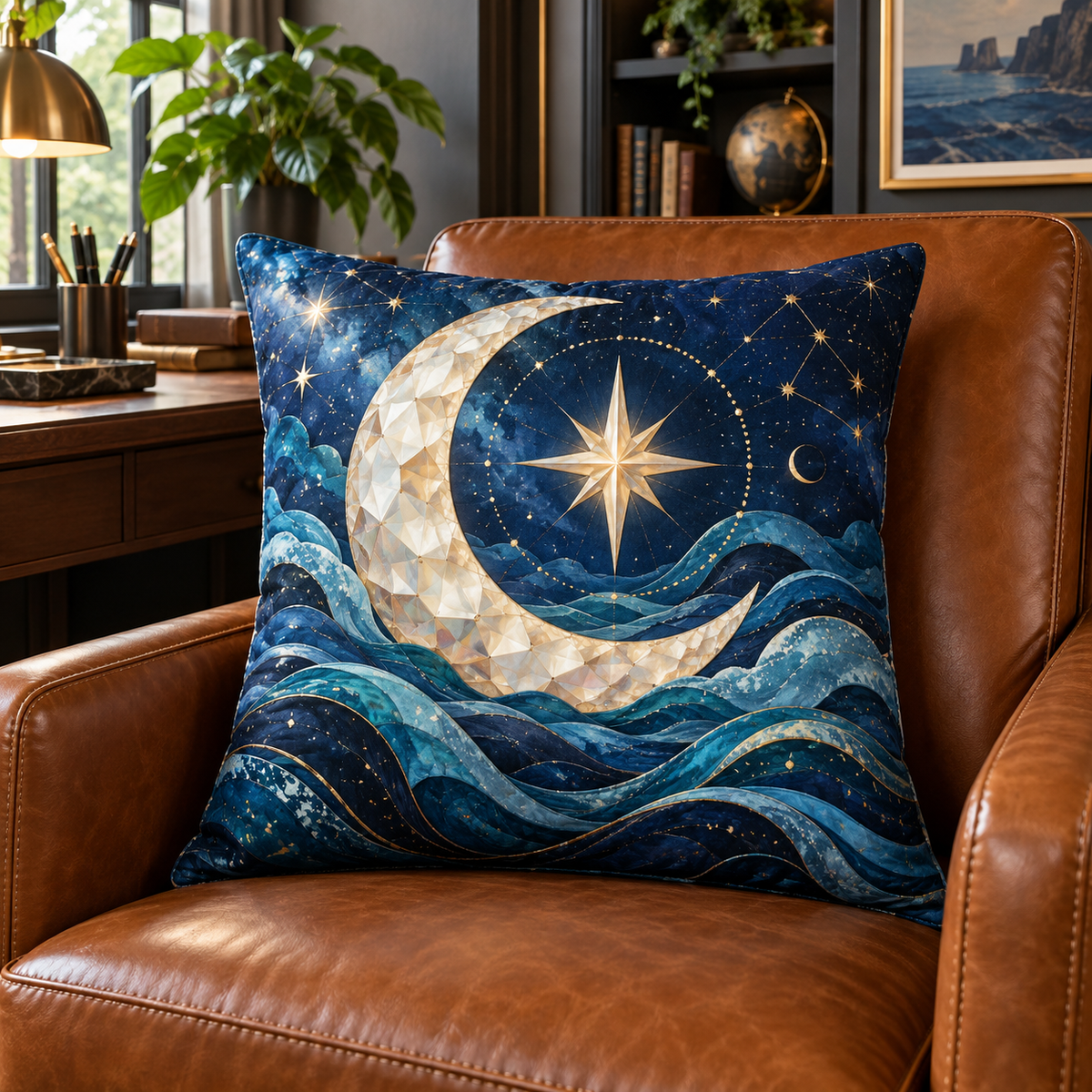 Starlit Tide Study Quilted Cushion Cover with printed optical 3D artwork in its use setting