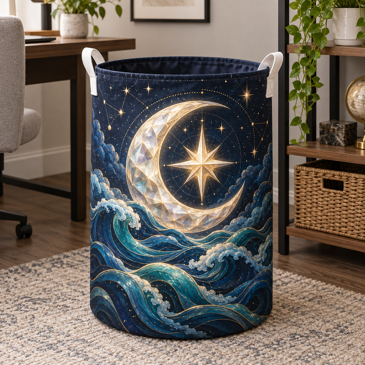 Starlit Tide Study Laundry Hamper with printed optical 3D artwork in its use setting