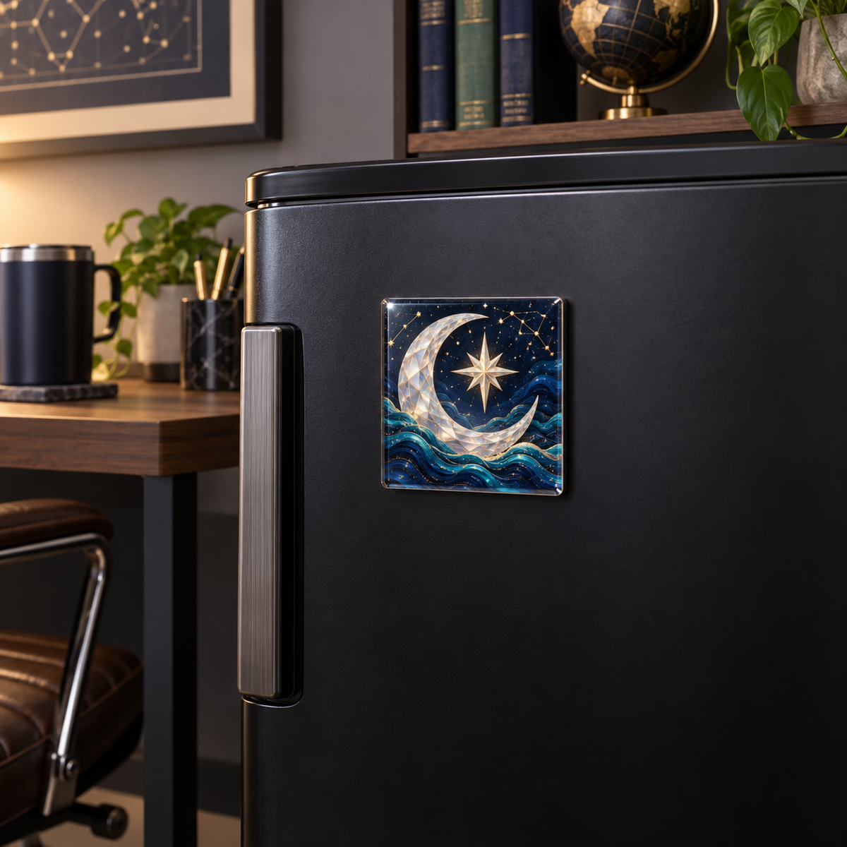 Starlit Tide Study Acrylic Refrigerator Magnet with printed optical 3D artwork in its use setting