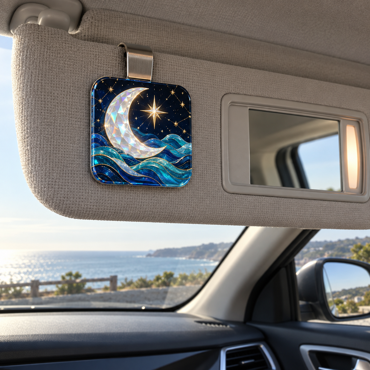 Starlit Tide Study Holographic Car Visor Clip with printed optical 3D artwork in its use setting