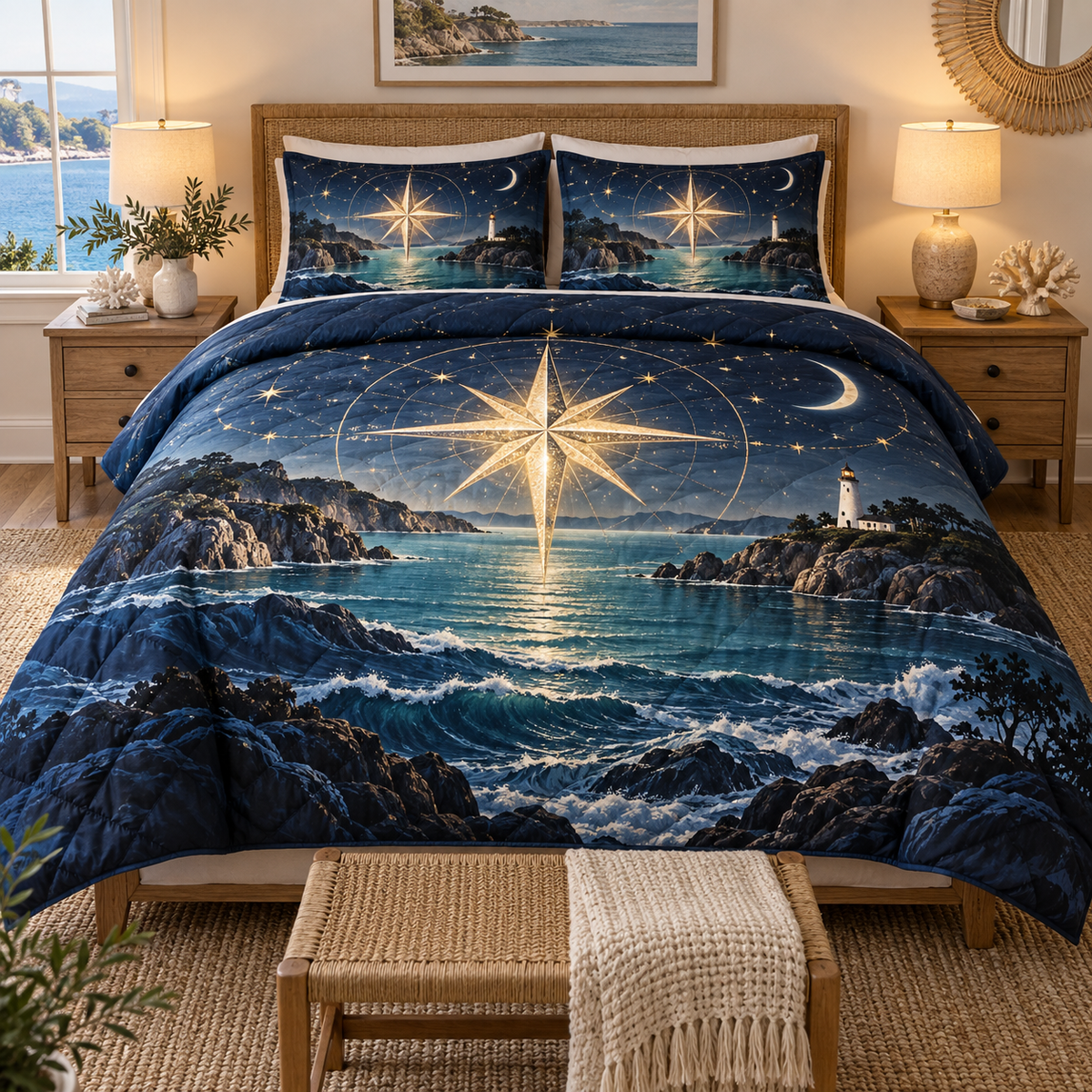 Harbor Star Welcome Quilted Bedding Set with printed optical 3D artwork in its use setting