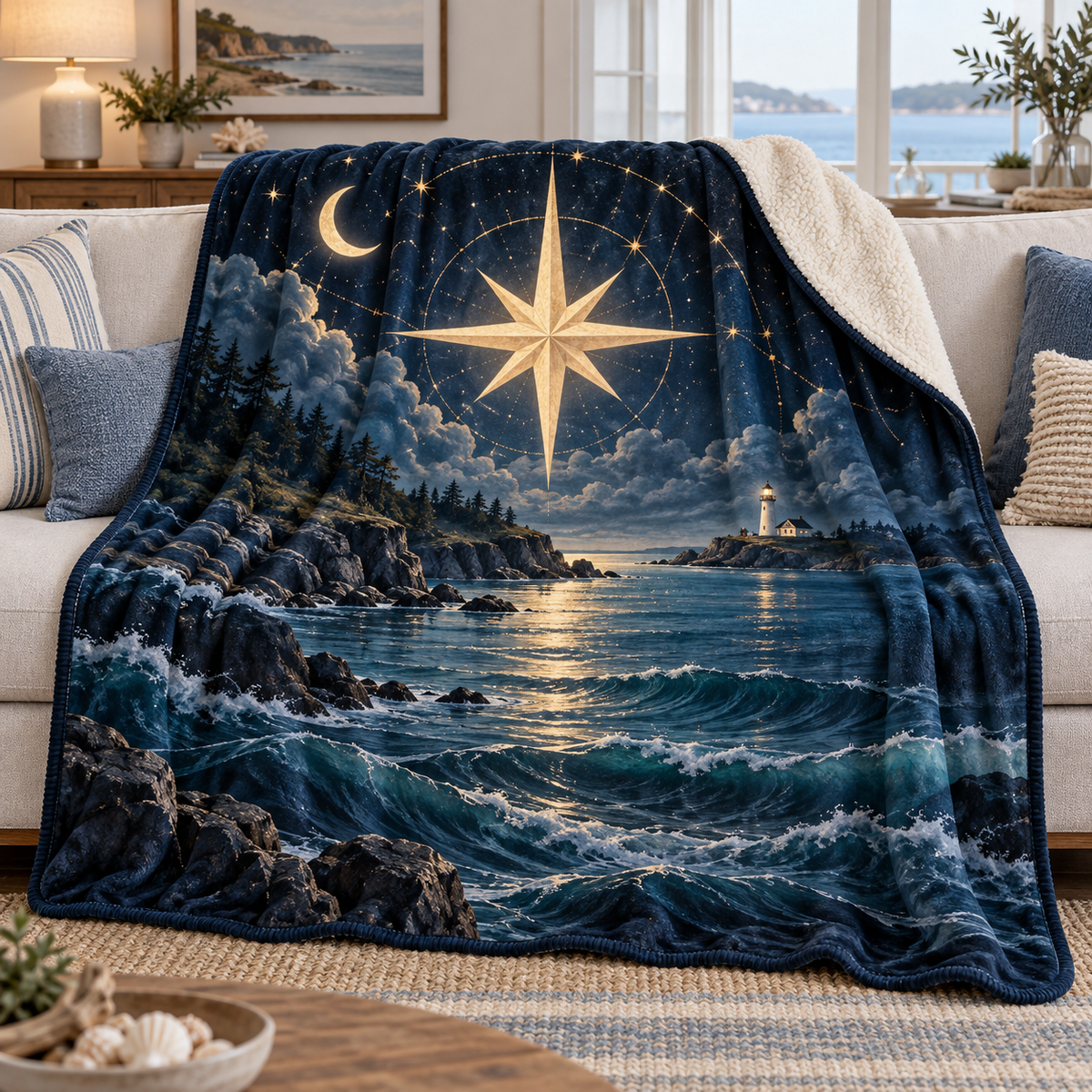 Harbor Star Welcome Sherpa & Fleece Blanket with printed optical 3D artwork in its use setting