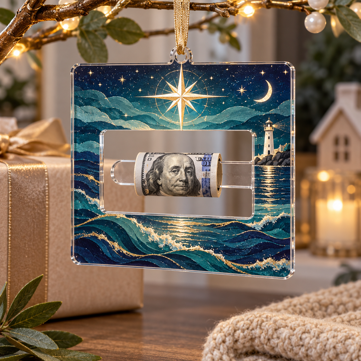 Harbor Star Welcome Acrylic Cash Holder Ornament with printed optical 3D artwork in its use setting