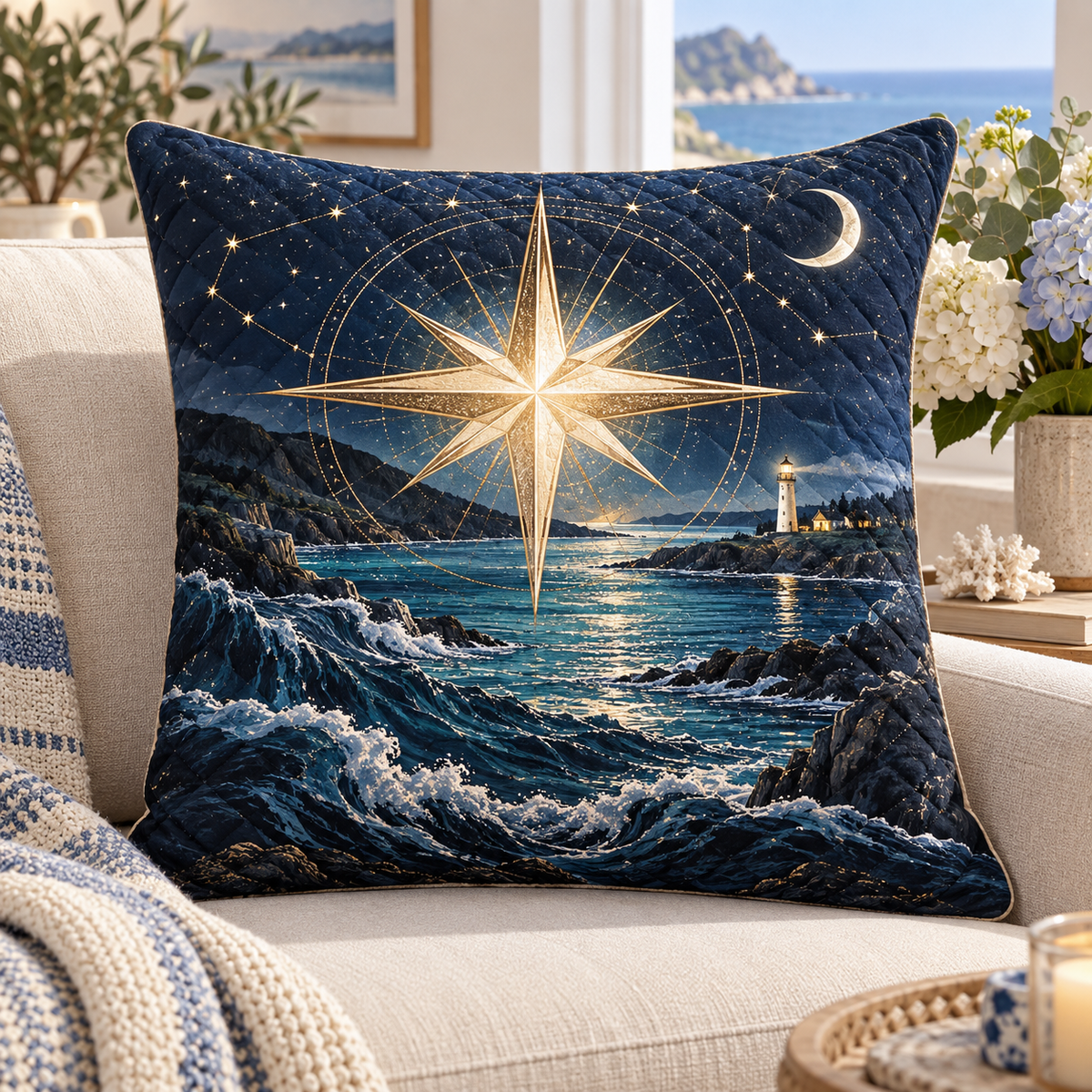 Harbor Star Welcome Quilted Cushion Cover with printed optical 3D artwork in its use setting