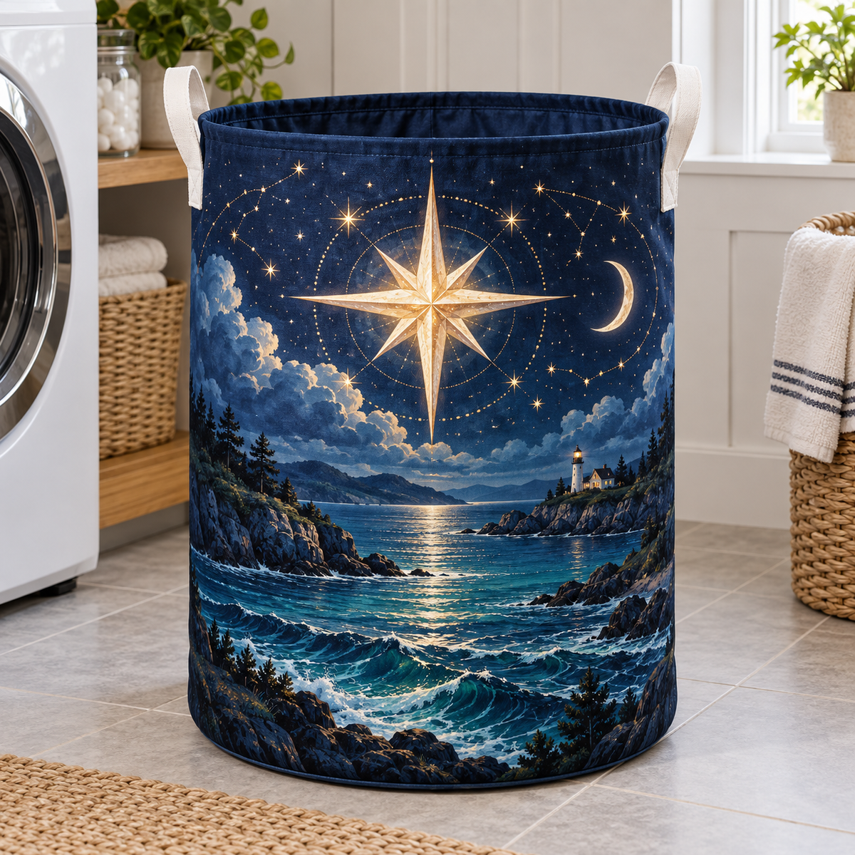 Harbor Star Welcome Laundry Hamper with printed optical 3D artwork in its use setting