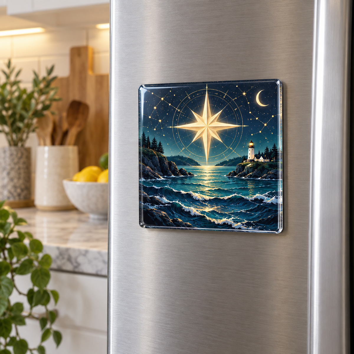 Harbor Star Welcome Acrylic Refrigerator Magnet with printed optical 3D artwork in its use setting