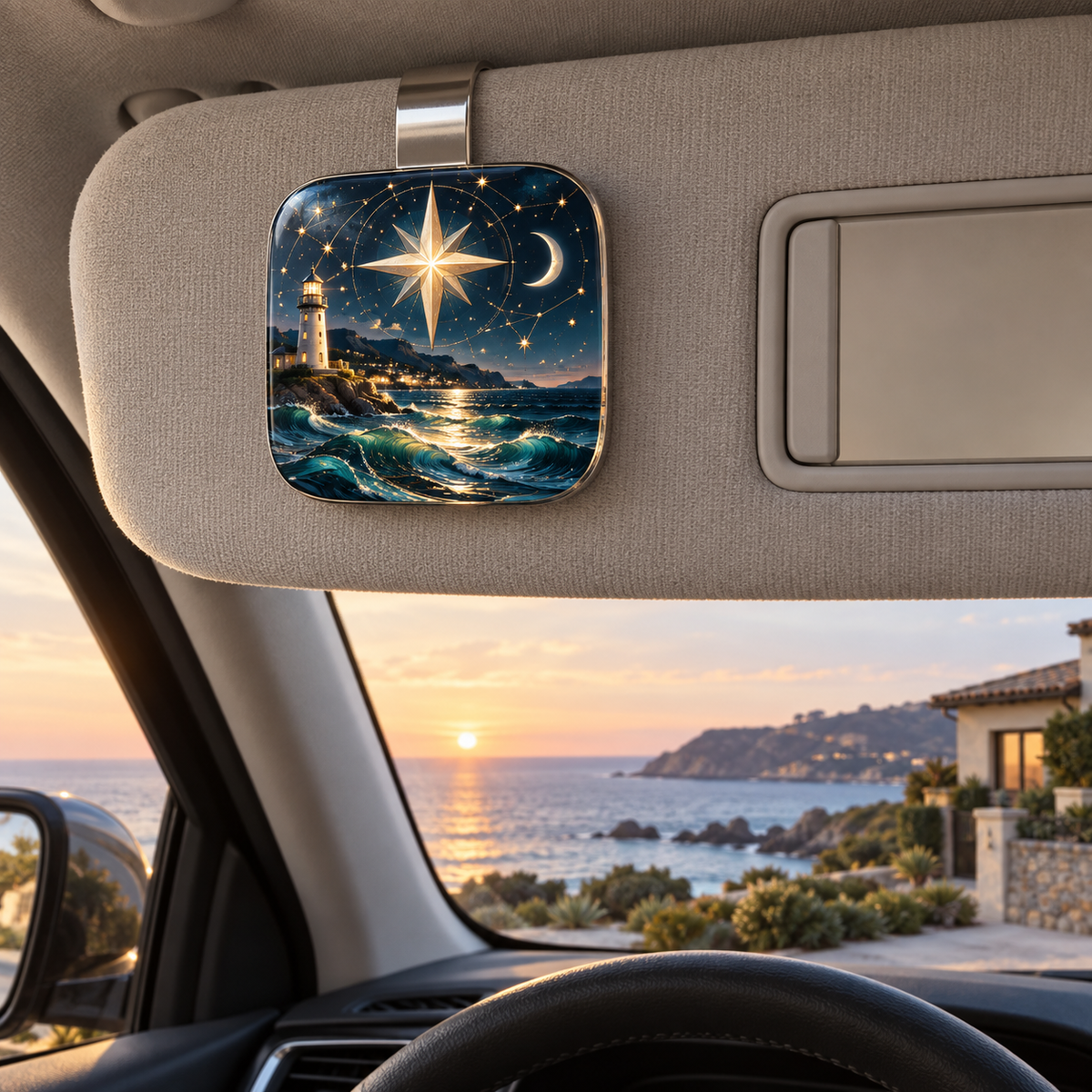 Harbor Star Welcome Holographic Car Visor Clip with printed optical 3D artwork in its use setting