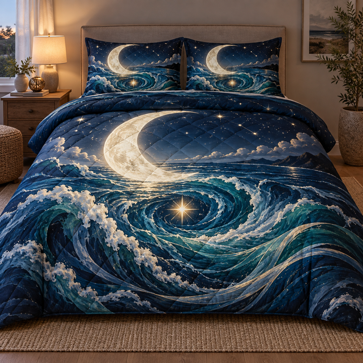 Moonlit Current Haven Quilted Bedding Set with printed optical 3D artwork in its use setting