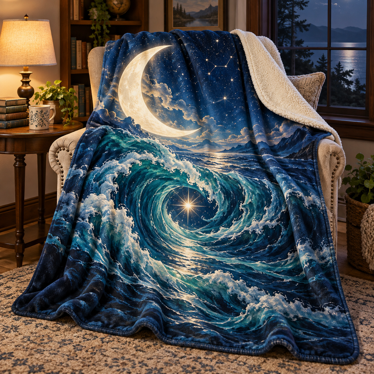 Moonlit Current Haven Sherpa & Fleece Blanket with printed optical 3D artwork in its use setting