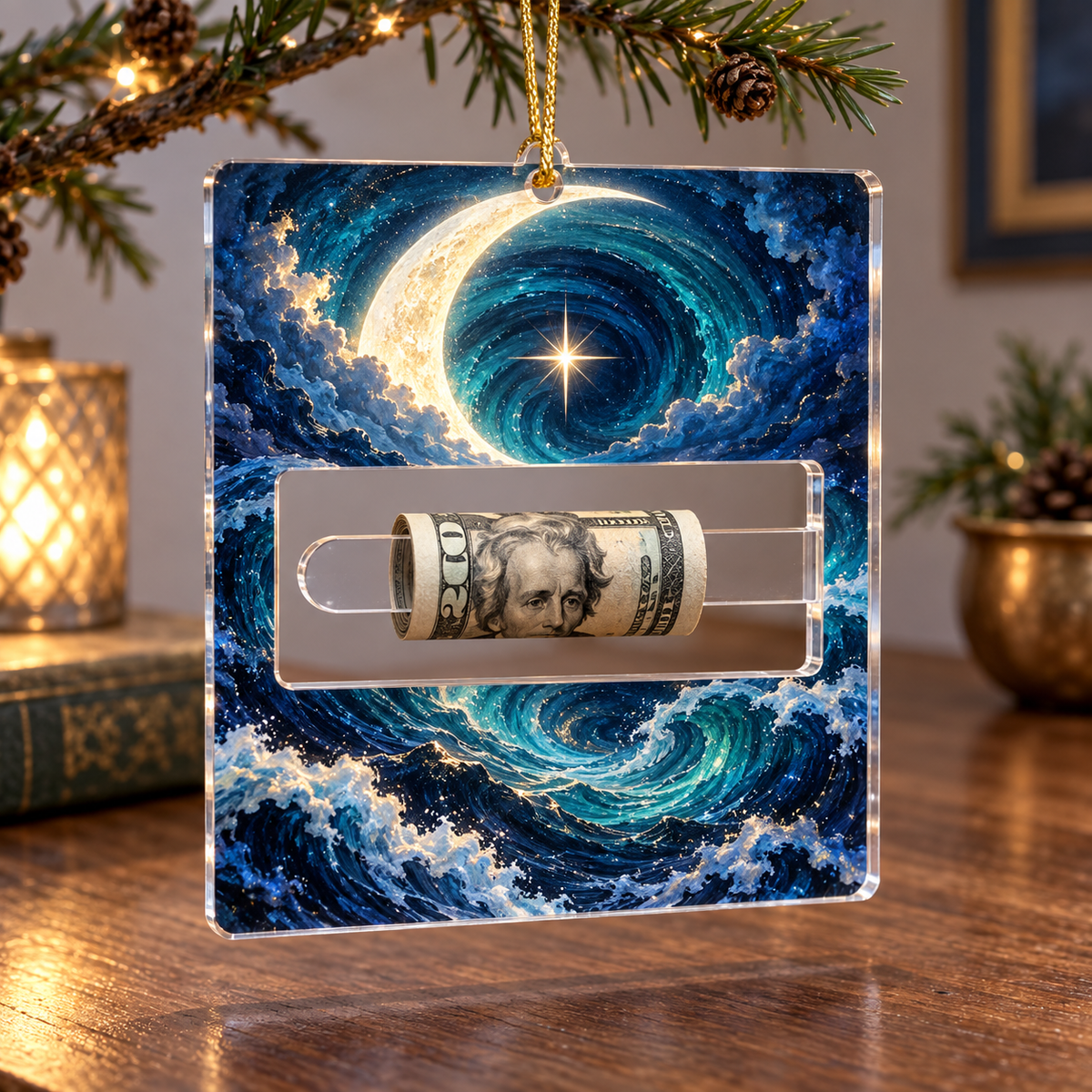 Moonlit Current Haven Acrylic Cash Holder Ornament with printed optical 3D artwork in its use setting