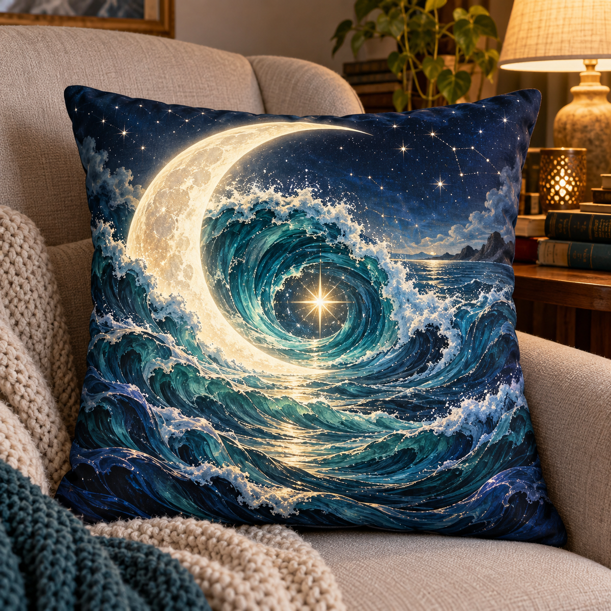 Moonlit Current Haven Quilted Cushion Cover with printed optical 3D artwork in its use setting