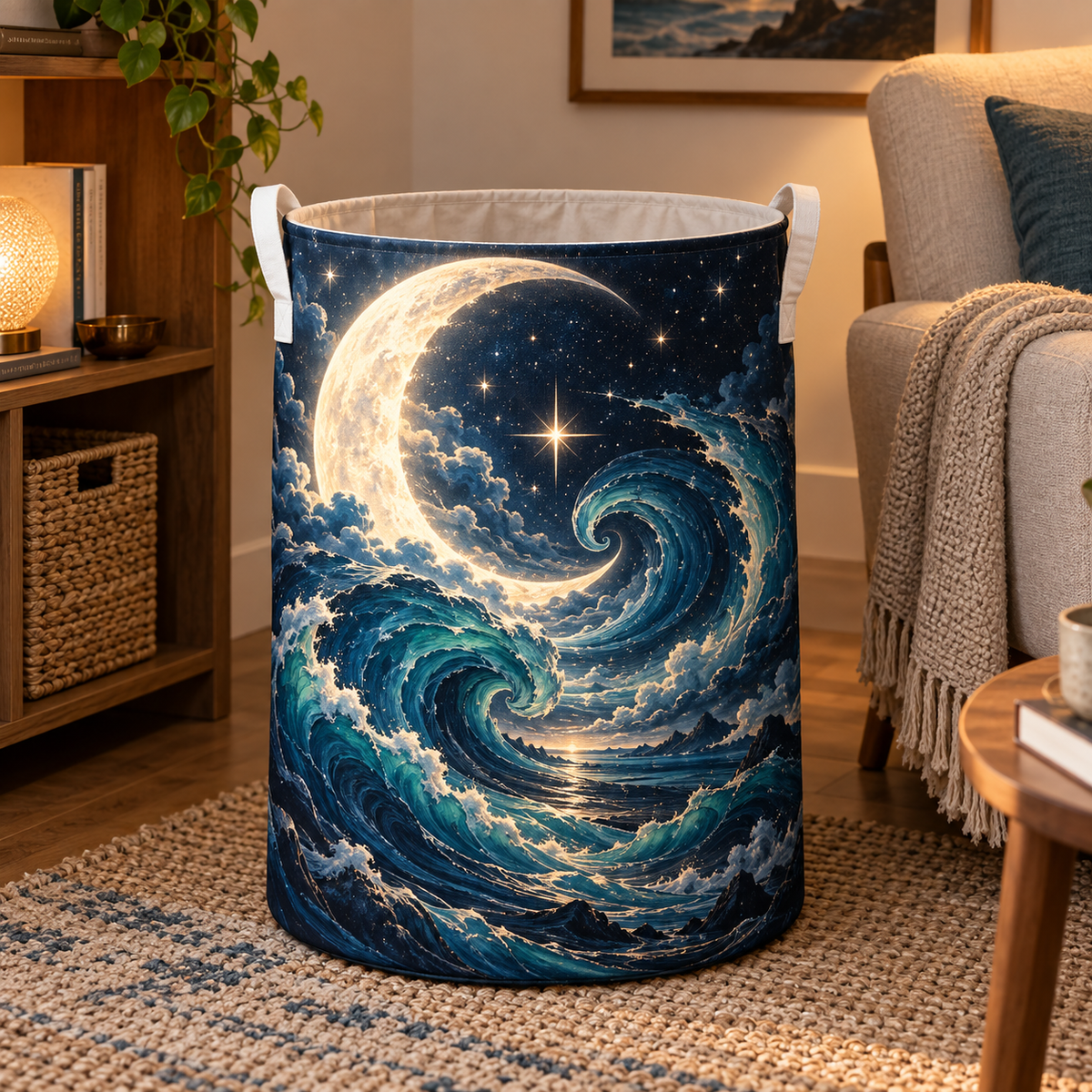Moonlit Current Haven Laundry Hamper with printed optical 3D artwork in its use setting