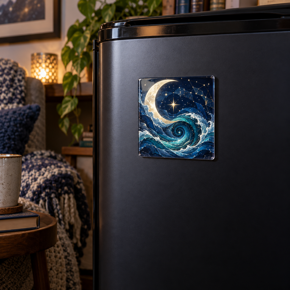 Moonlit Current Haven Acrylic Refrigerator Magnet with printed optical 3D artwork in its use setting