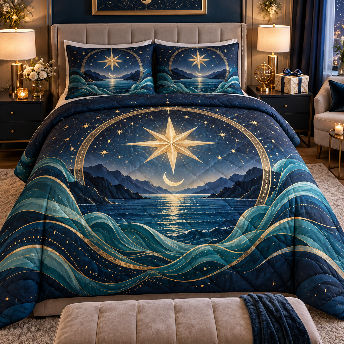 Astral Tide Keepsake Quilted Bedding Set with printed optical 3D artwork in its use setting
