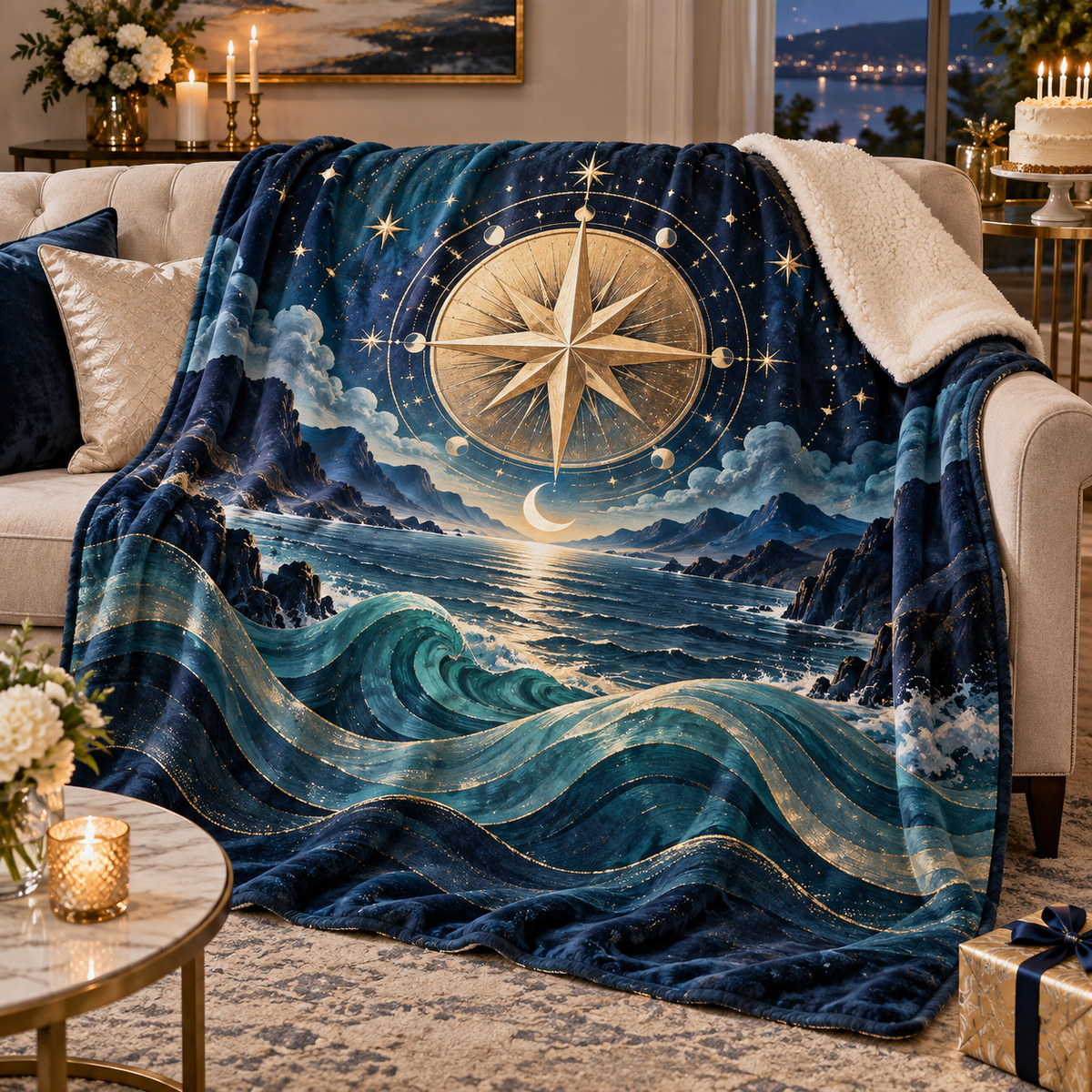 Astral Tide Keepsake Sherpa & Fleece Blanket with printed optical 3D artwork in its use setting