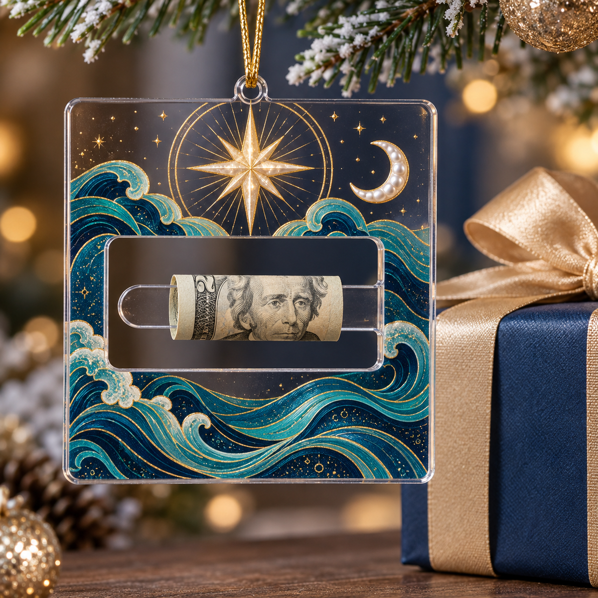 Astral Tide Keepsake Acrylic Cash Holder Ornament with printed optical 3D artwork in its use setting