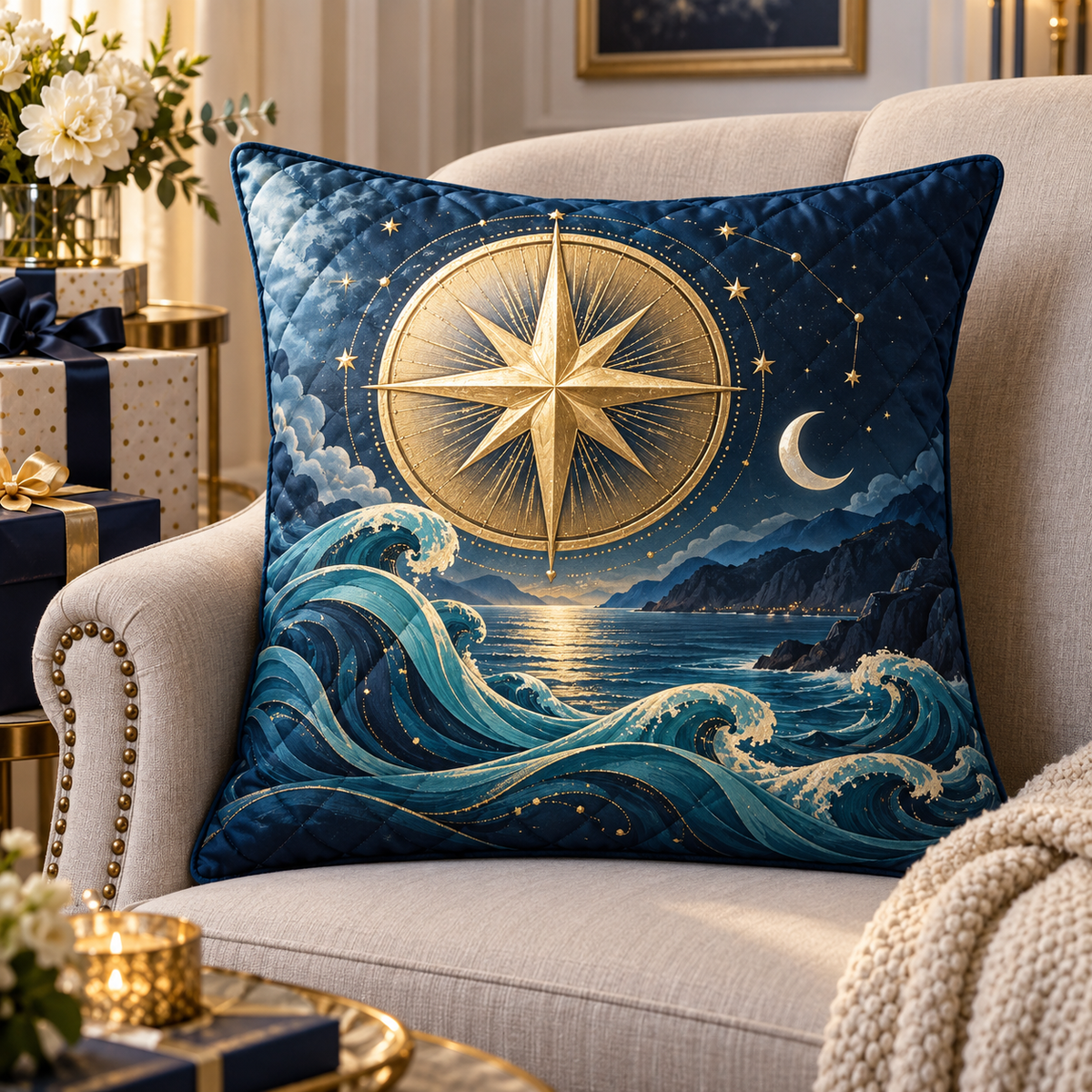 Astral Tide Keepsake Quilted Cushion Cover with printed optical 3D artwork in its use setting