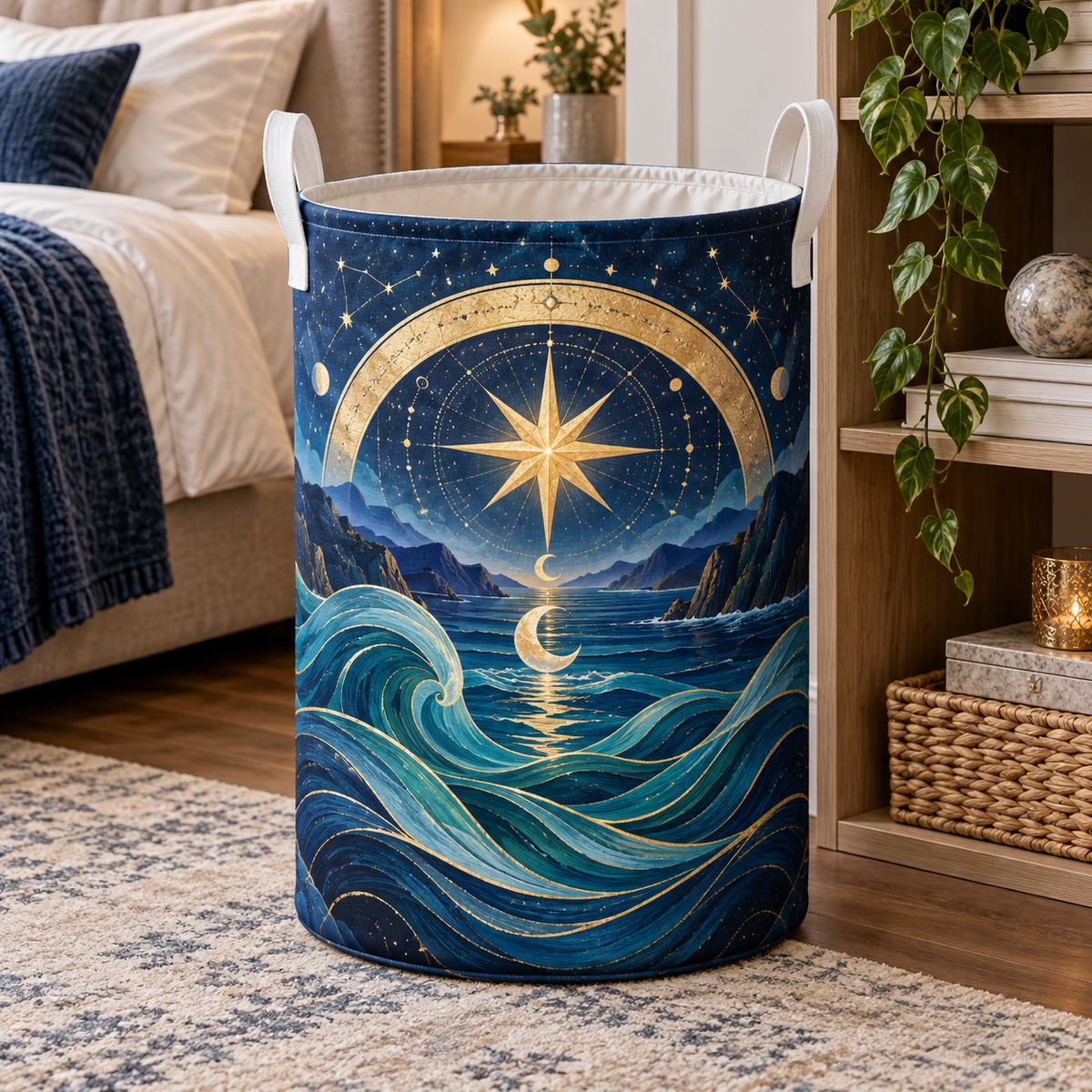 Astral Tide Keepsake Laundry Hamper with printed optical 3D artwork in its use setting