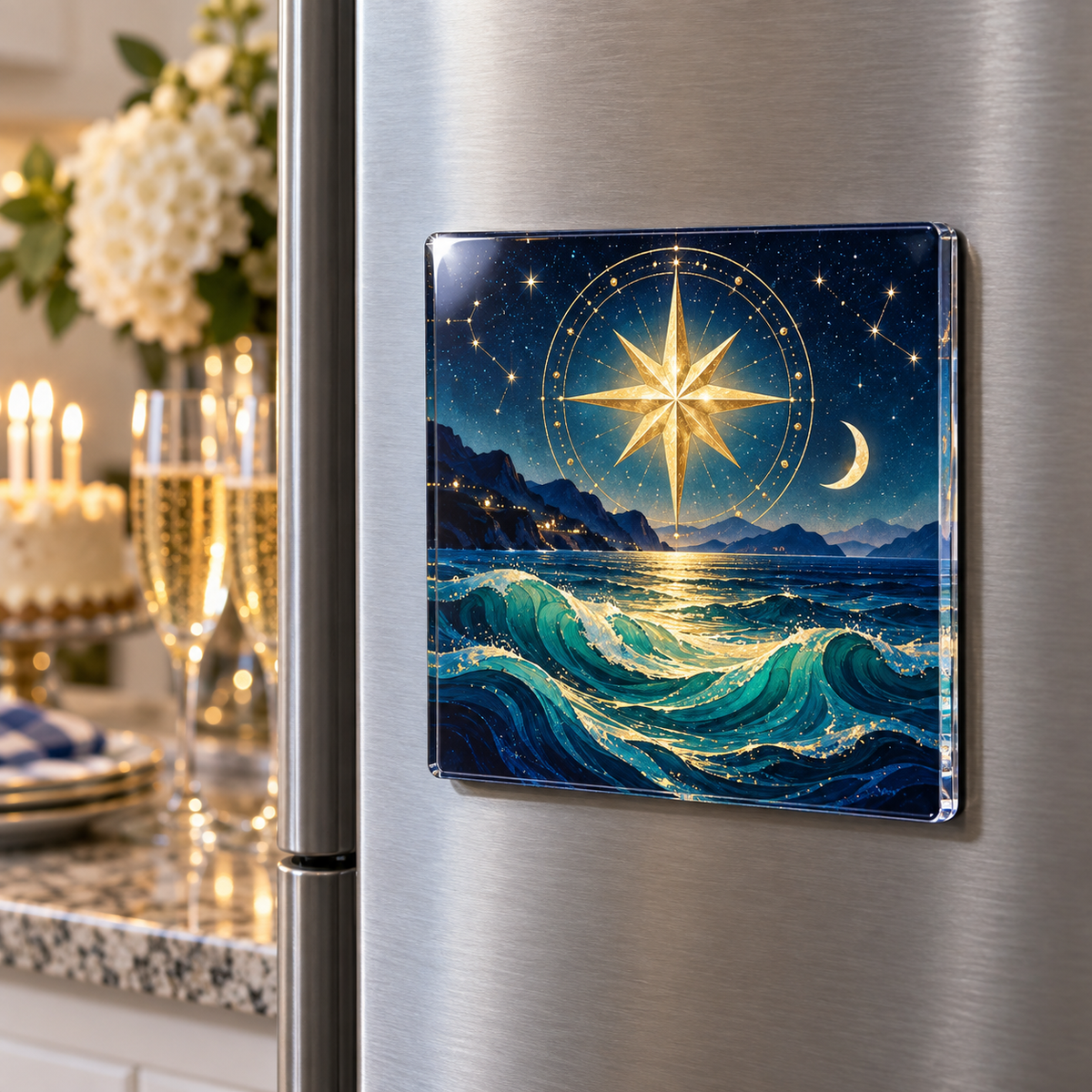 Astral Tide Keepsake Acrylic Refrigerator Magnet with printed optical 3D artwork in its use setting