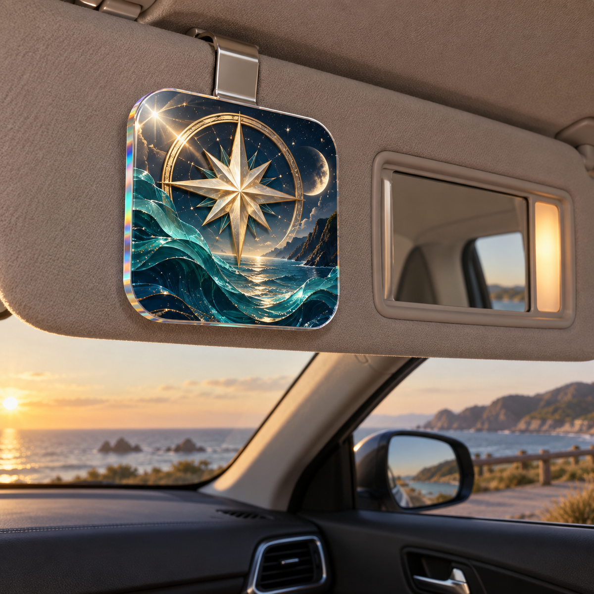 Astral Tide Keepsake Holographic Car Visor Clip with printed optical 3D artwork in its use setting