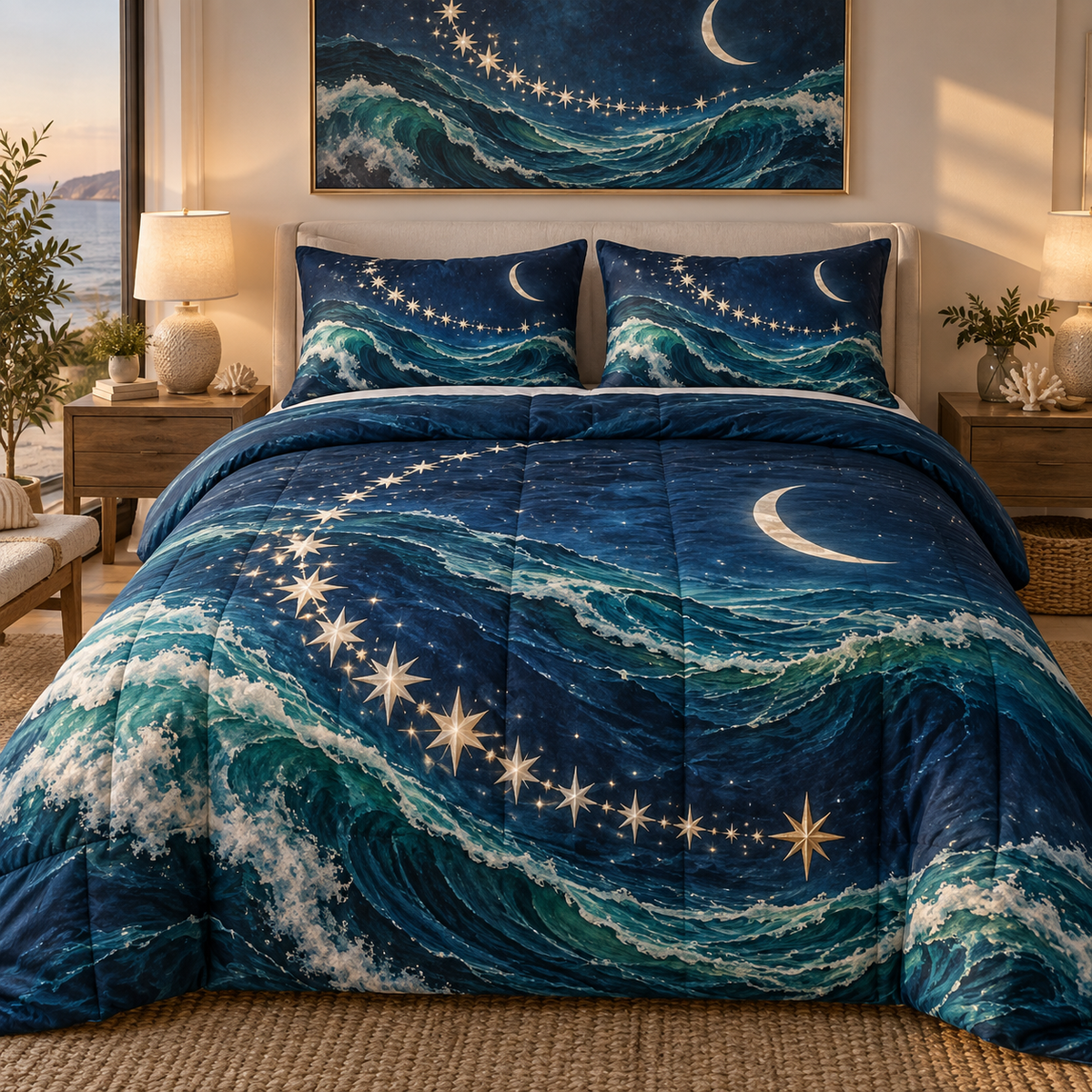 Ocean Constellation Arc Quilted Bedding Set with printed optical 3D artwork in its use setting