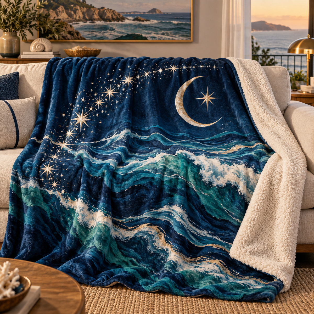 Ocean Constellation Arc Sherpa & Fleece Blanket with printed optical 3D artwork in its use setting