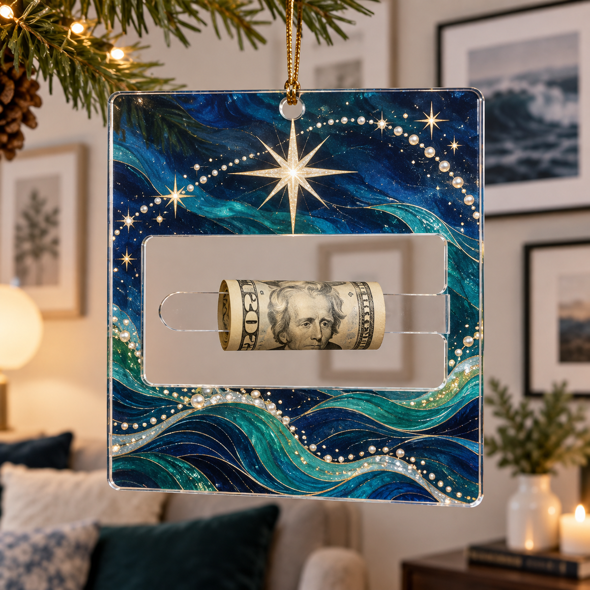 Ocean Constellation Arc Acrylic Cash Holder Ornament with printed optical 3D artwork in its use setting