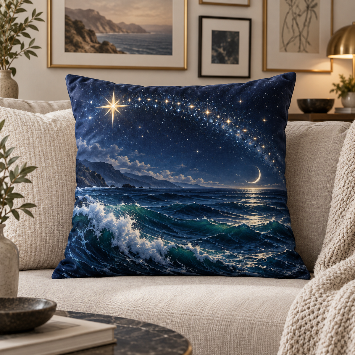 Ocean Constellation Arc Quilted Cushion Cover with printed optical 3D artwork in its use setting