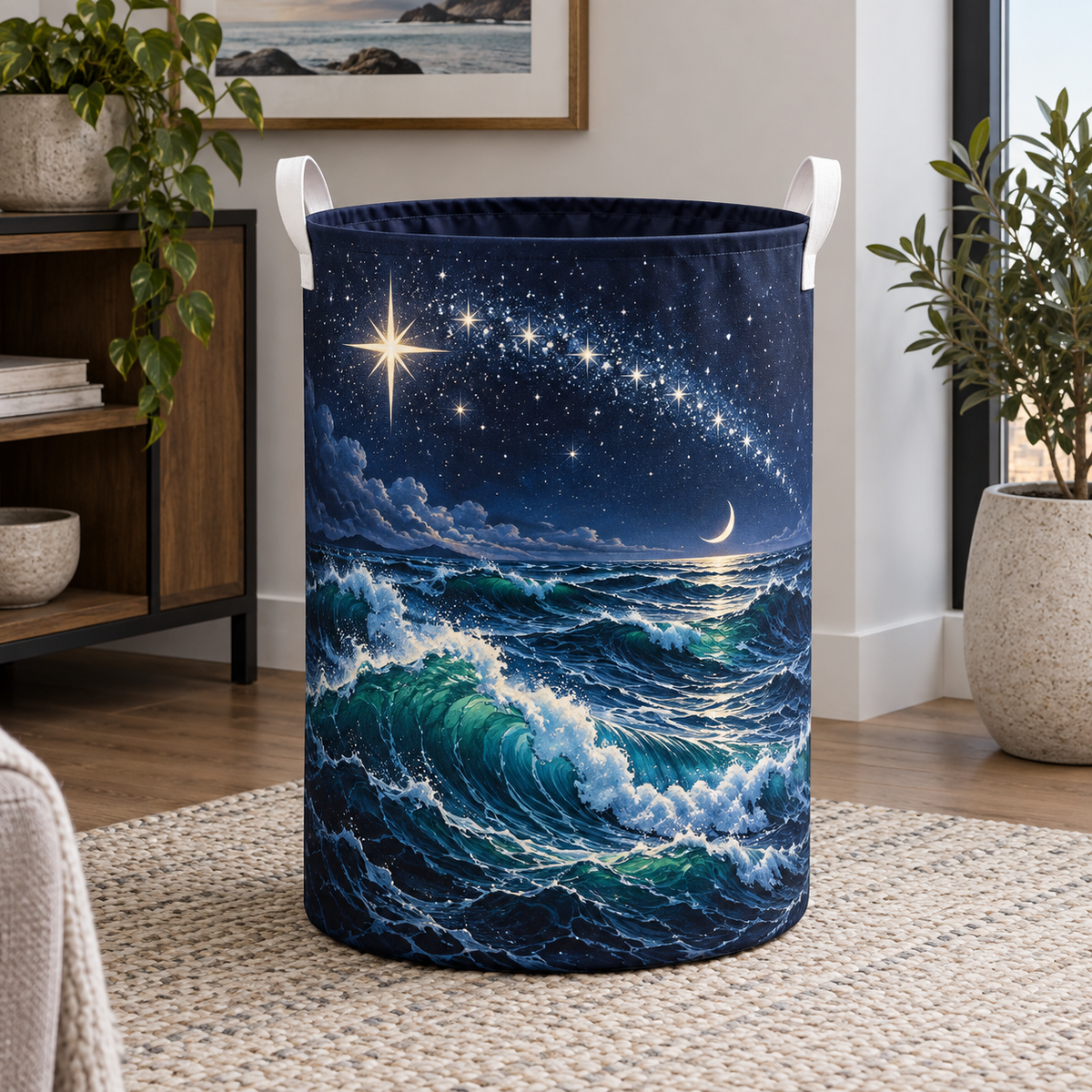 Ocean Constellation Arc Laundry Hamper with printed optical 3D artwork in its use setting