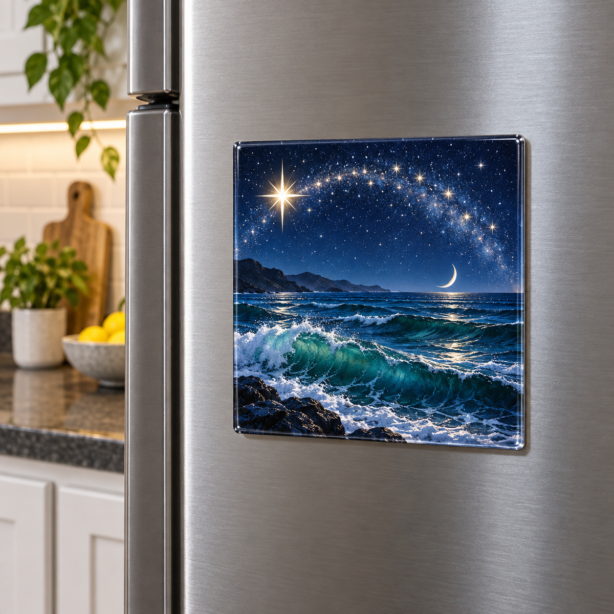 Ocean Constellation Arc Acrylic Refrigerator Magnet with printed optical 3D artwork in its use setting