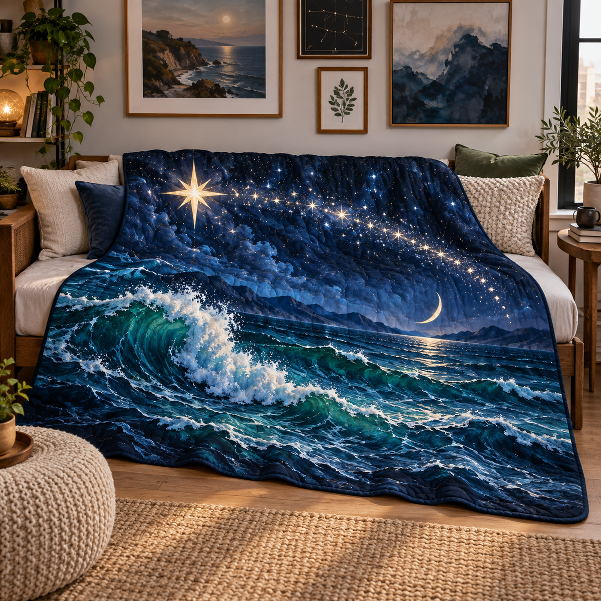 Ocean Constellation Arc Quilt Blanket with printed optical 3D artwork in its use setting