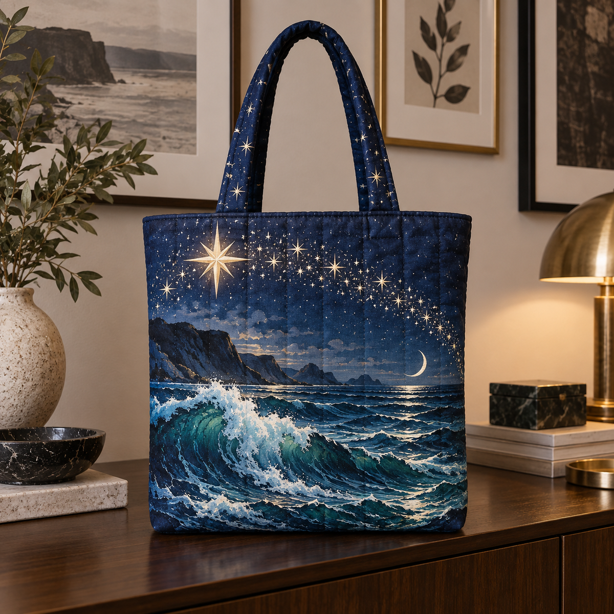 Ocean Constellation Arc Quilted Tote Bag with printed optical 3D artwork in its use setting
