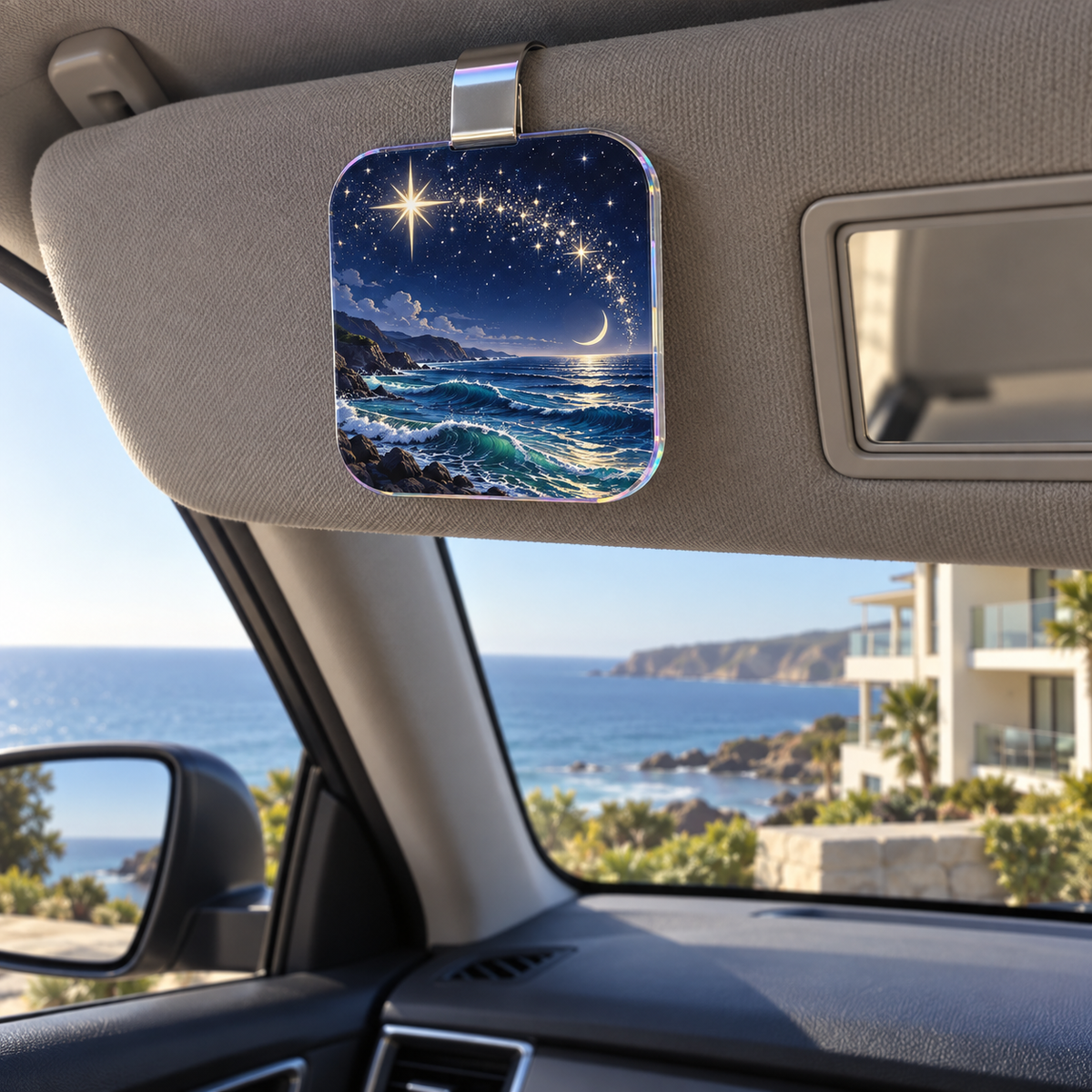 Ocean Constellation Arc Holographic Car Visor Clip with printed optical 3D artwork in its use setting