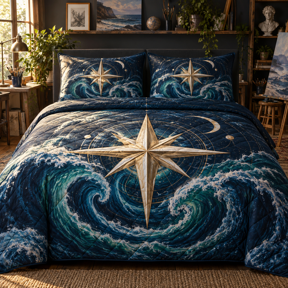 Tidal Star Compass Quilted Bedding Set with printed optical 3D artwork in its use setting