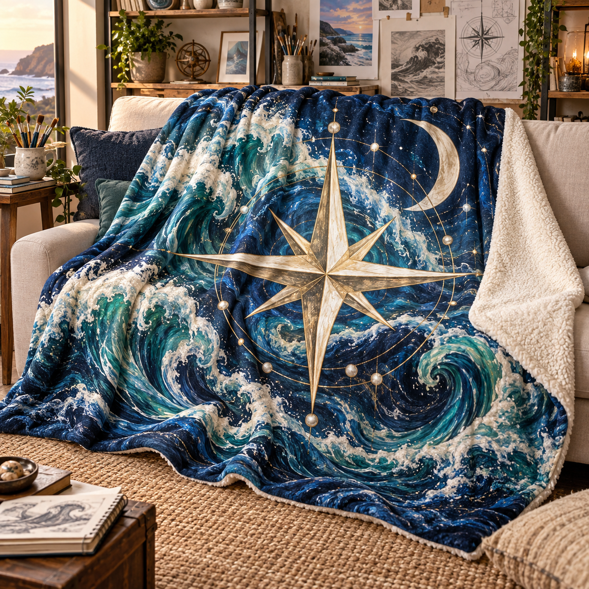 Tidal Star Compass Sherpa & Fleece Blanket with printed optical 3D artwork in its use setting