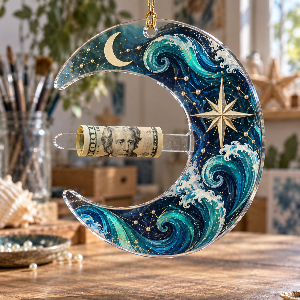 Tidal Star Compass Acrylic Cash Holder Ornament with printed optical 3D artwork in its use setting