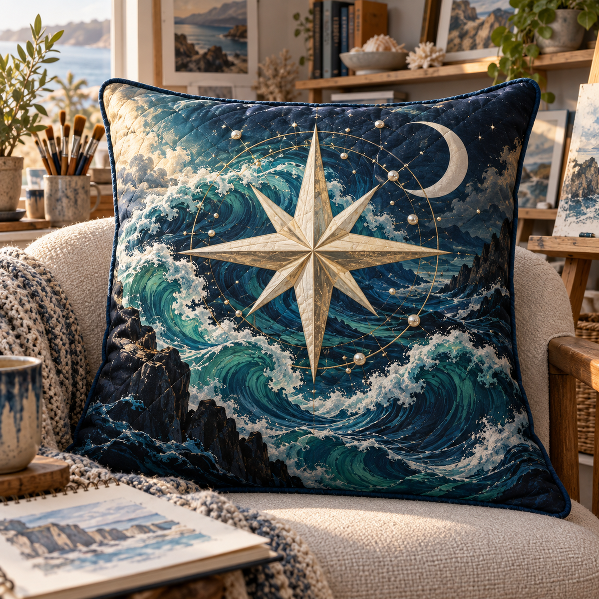 Tidal Star Compass Quilted Cushion Cover with printed optical 3D artwork in its use setting