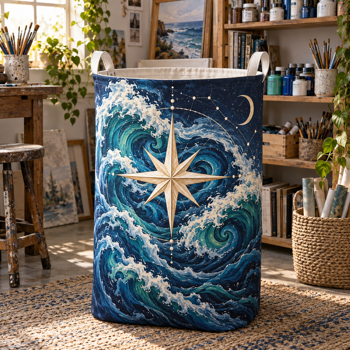 Tidal Star Compass Laundry Hamper with printed optical 3D artwork in its use setting