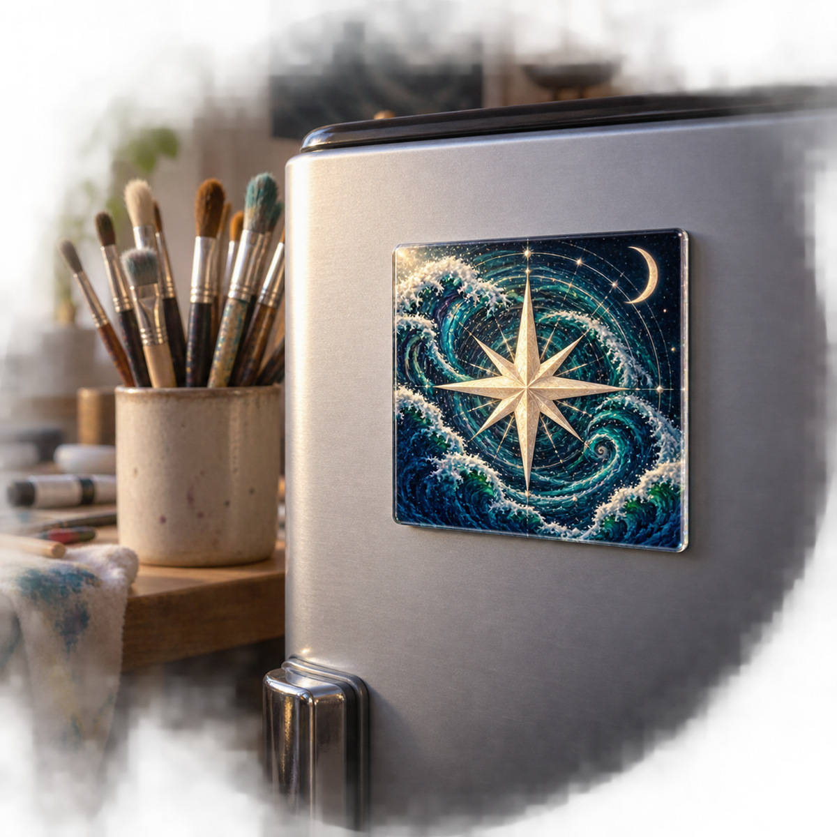 Tidal Star Compass Acrylic Refrigerator Magnet with printed optical 3D artwork in its use setting