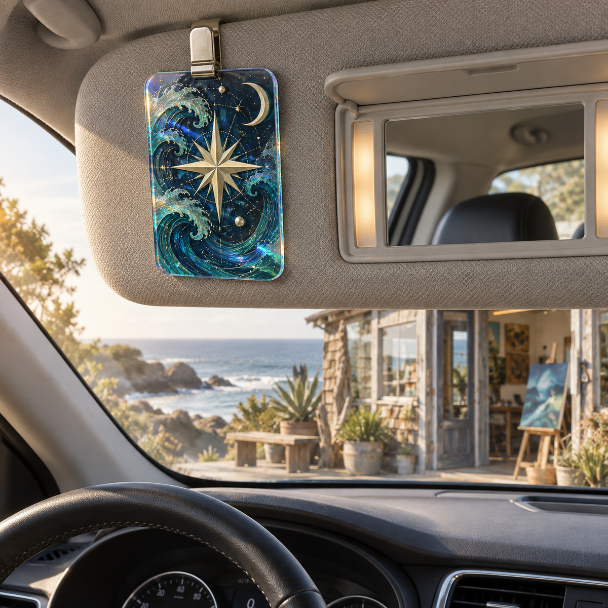 Tidal Star Compass Holographic Car Visor Clip with printed optical 3D artwork in its use setting