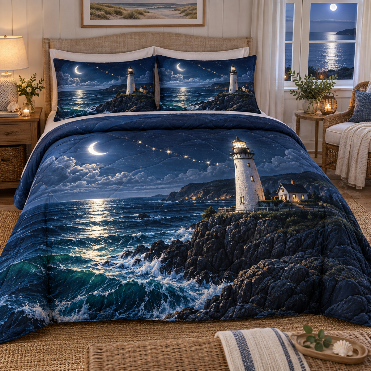 Moonlit Tide Beacon Quilted Bedding Set with printed optical 3D artwork in its use setting