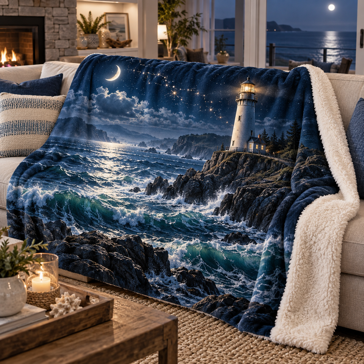 Moonlit Tide Beacon Sherpa & Fleece Blanket with printed optical 3D artwork in its use setting