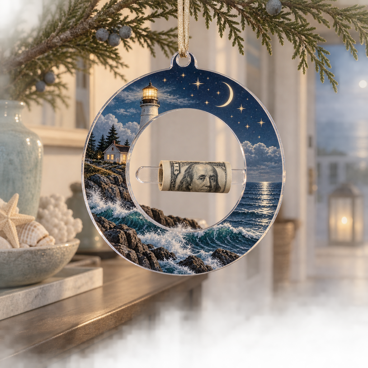 Moonlit Tide Beacon Acrylic Cash Holder Ornament with printed optical 3D artwork in its use setting
