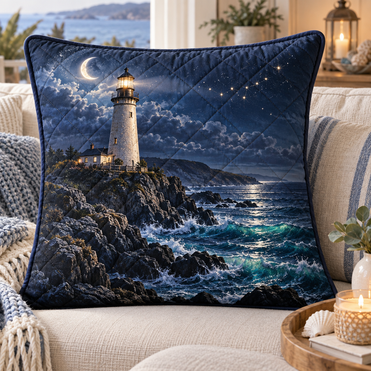 Moonlit Tide Beacon Quilted Cushion Cover with printed optical 3D artwork in its use setting