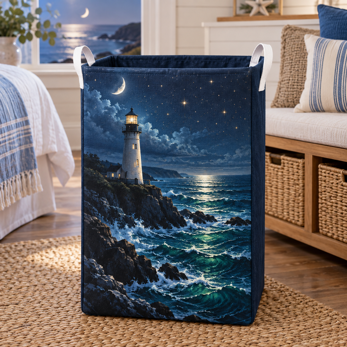 Moonlit Tide Beacon Laundry Hamper with printed optical 3D artwork in its use setting