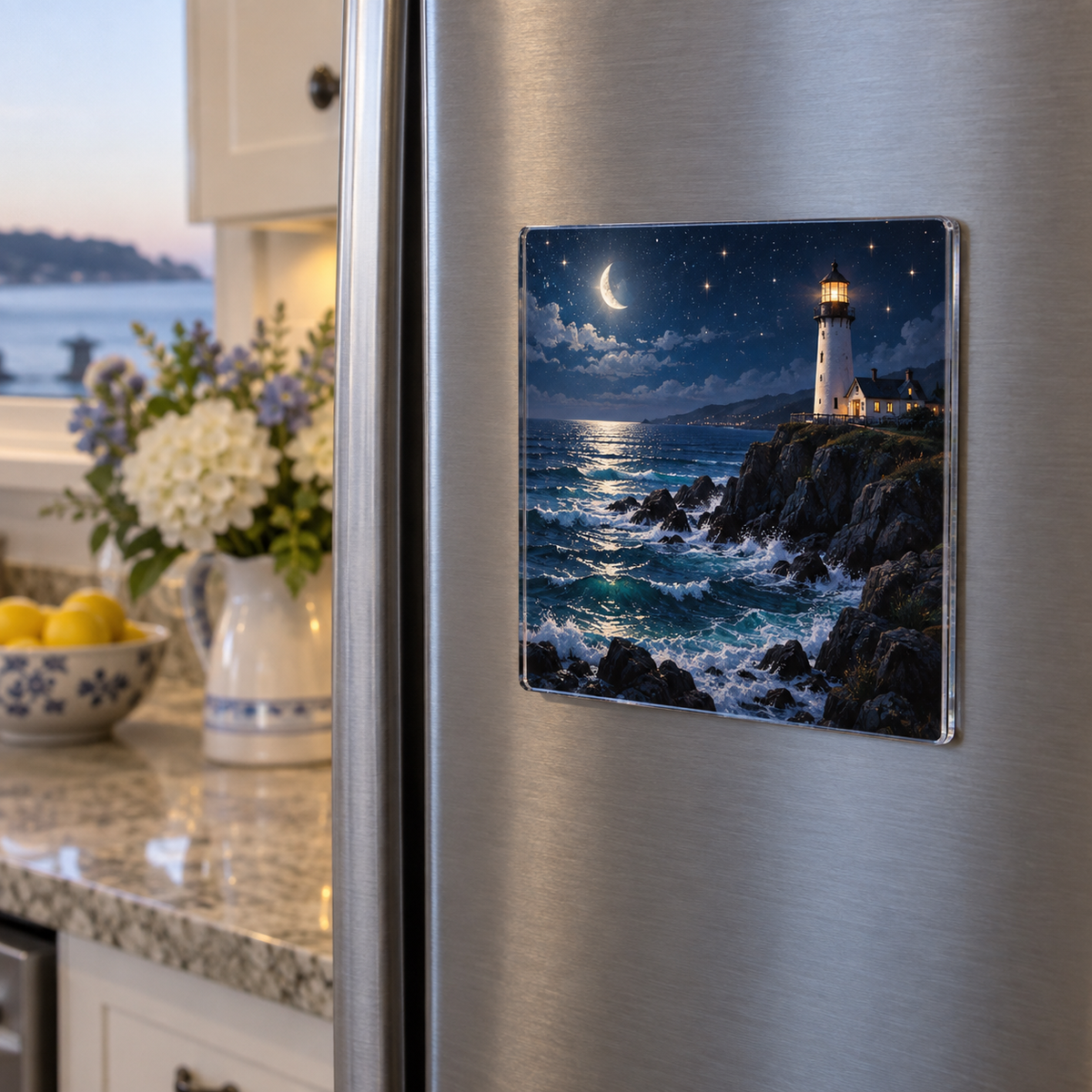 Moonlit Tide Beacon Acrylic Refrigerator Magnet with printed optical 3D artwork in its use setting